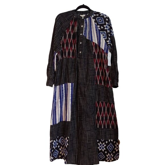 V. De. Vinster Dresses & Skirts - V. De. Vinster Ikat Indigo Patch L-Sleeve Half Button Modest Midi Dress S Pocket